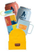 Athletic Brewing Co. products including cans, one nalgene 32oz water bottle, a camp mug and a beanienon