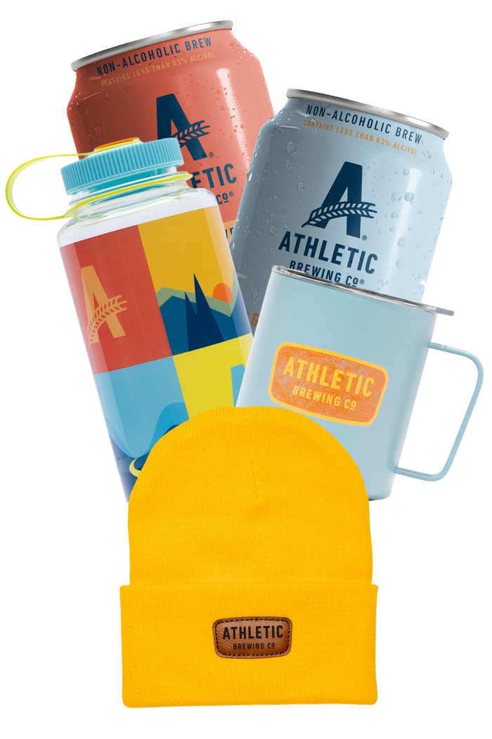 Athletic Brewing Co. products including cans, one nalgene 32oz water bottle, a camp mug and a beanienon