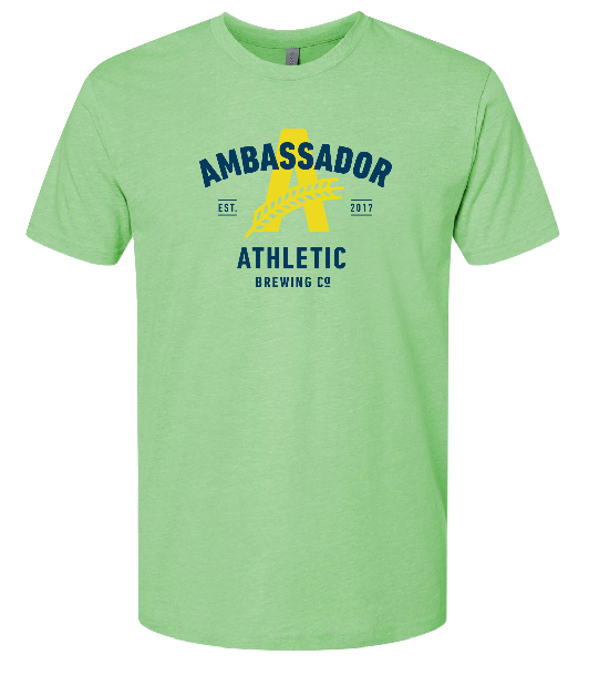Front view of a light green short-sleeve T-shirt with a large navy and yellow graphic reading ‘Ambassador Athletic Brewing Co.’ across the chest, featuring the Athletic Brewing ‘A’ logo and ‘Est. 2017’ details.