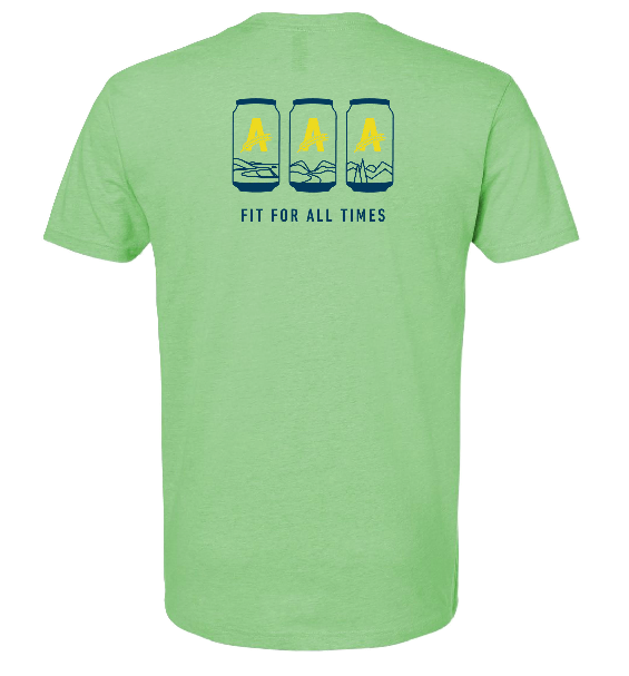 Back view of a light green short-sleeve T-shirt featuring three illustrated Athletic Brewing cans across the upper back with the text ‘Fit For All Times’ printed below in navy blue.