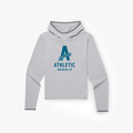 A flat-lay view of a light grey Cotopaxi Sombra hoodie featuring a large dark blue Athletic Brewing Co. "A" logo on the chest.