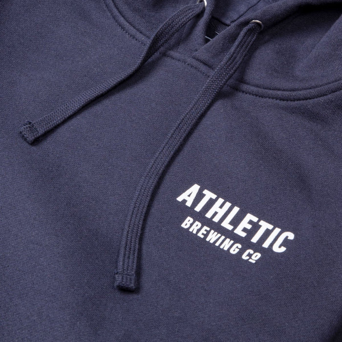 zoom in of Athletic Brewing co hoodie navy