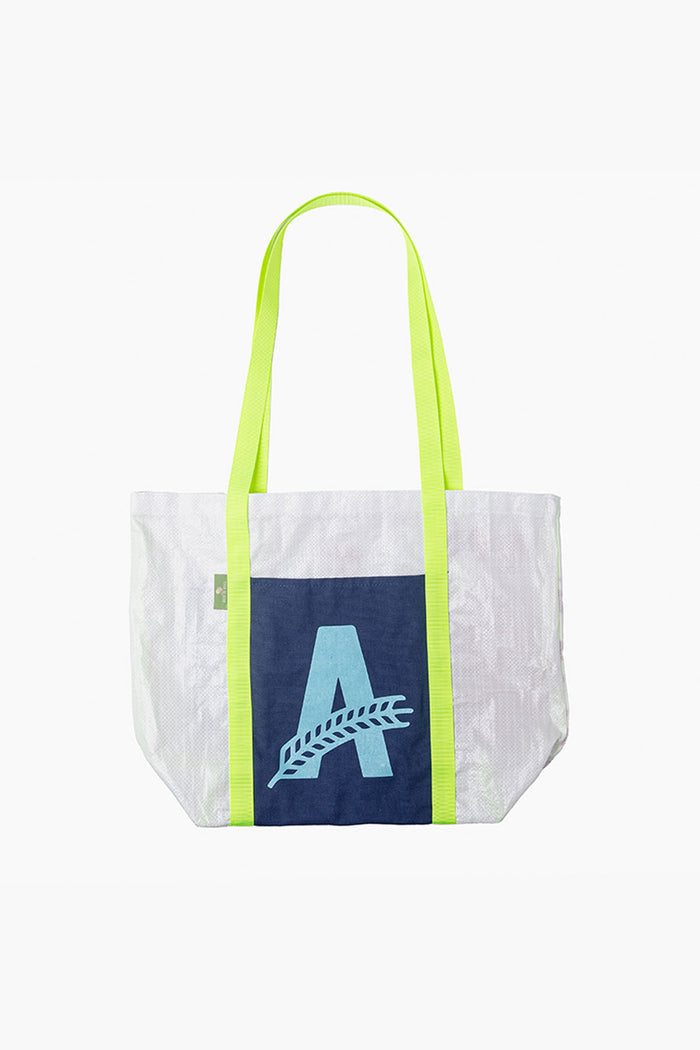 A photo of the Athletic Brewing Co. tote bag, made from grain bags.