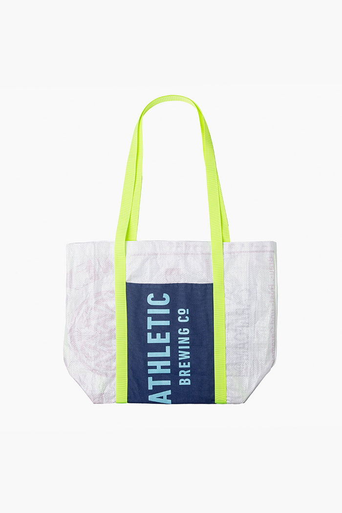 A photo of the Athletic Brewing Co. tote bag, made from grain bags.