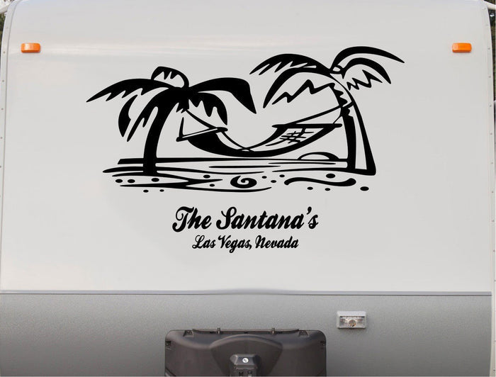 Beach Hammock with Palm Tree Scene RV Camper Decal Sticker RV Vinyl Decal – Outdoor Rated