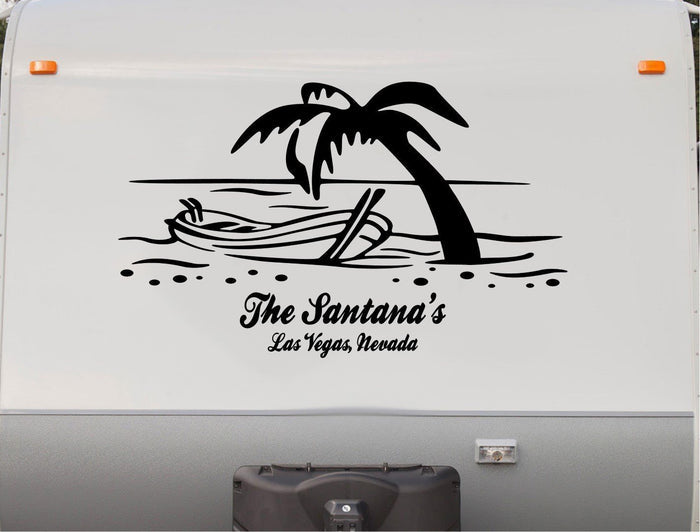 Beach Scene Decal Sticker with Palm Trees and RV Camper RV Camper Decal – Premium Vinyl