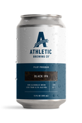 12 fl oz can of Athletic Brewing Pilot Program Black IPA non-alcoholic brew, featuring a white and navy label with a dark patterned Black IPA banner, Athletic Brewing logo, and condensation droplets.