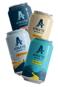 Five cans of Athletic Brewing Co. non-alcoholic brews on a white background