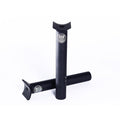 Two black Colony Pivotal Seat Posts (185mm) with grooved tops and white logos are shown, one upright and one lying down, on a white background.