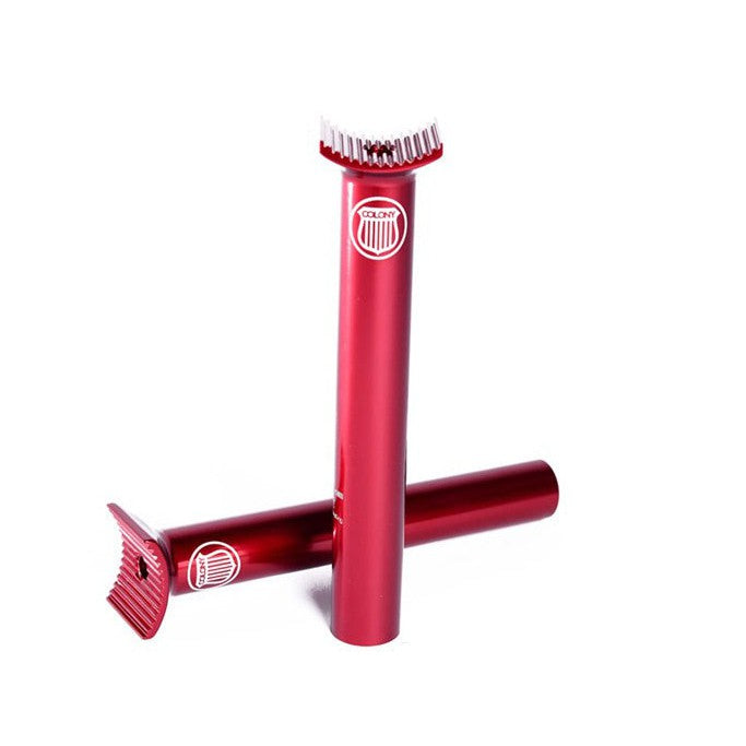 Two red Colony Pivotal Seat Post (185mm) seatposts—one upright, one horizontal with logos—are displayed on a white background, showcasing their modern pivotal technology.