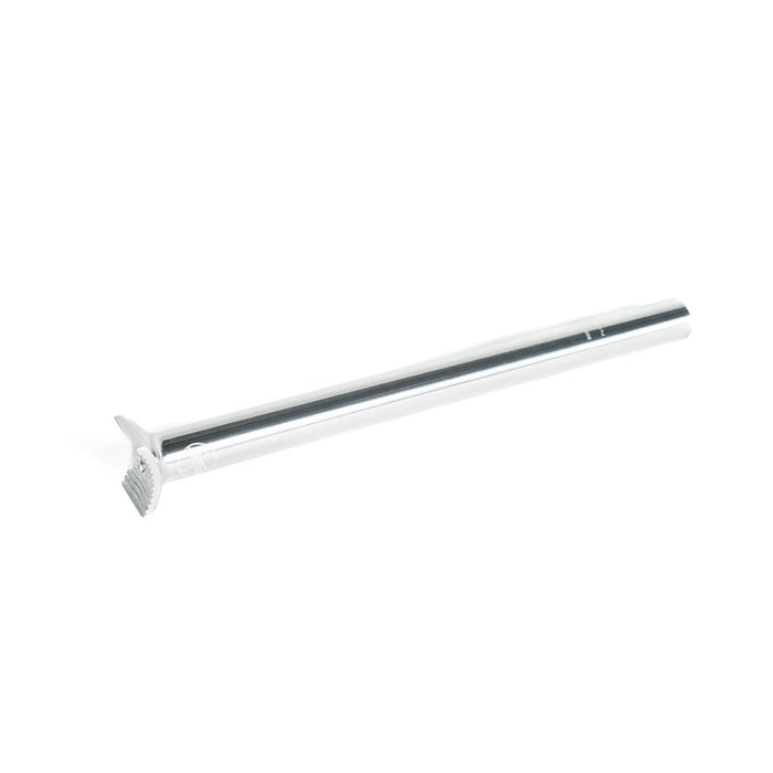 The Colony Pivotal Seat Post 330mm is a silver, cylindrical seatpost with an integrated saddle clamp—ideal for flatland bikes and shown on a white background.