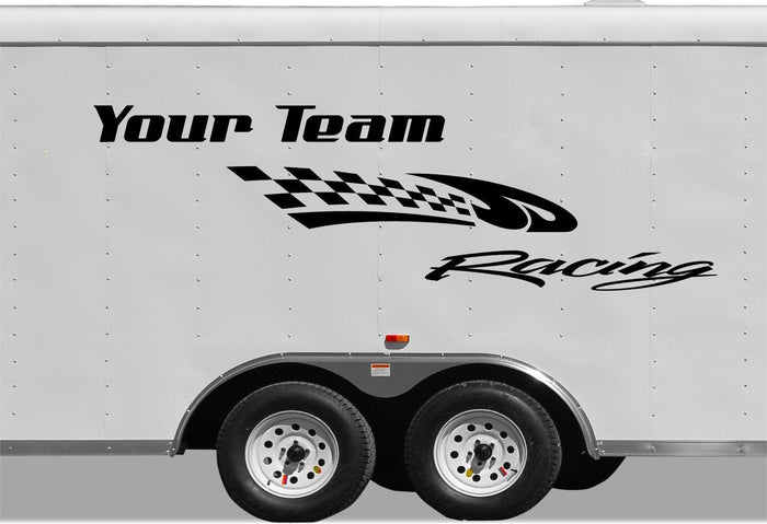 Custom Checkered Racing Stripe Trailer Decal with Personalized Text - CF109 Vinyl Sticker Sticker Chef