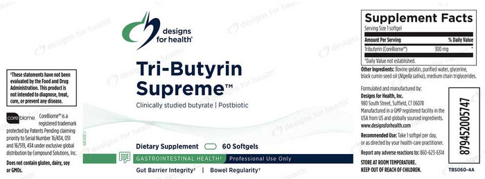 Designs for Health Tri-Butyrin Supreme Label