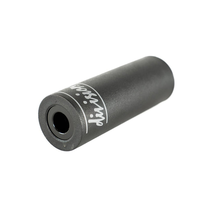 A Division Dynamic Plastic Peg (Each) / 10-14mm Black crafted from a lightweight alloy with the word "division" written on it in white text. It features a hollow opening at one end.
