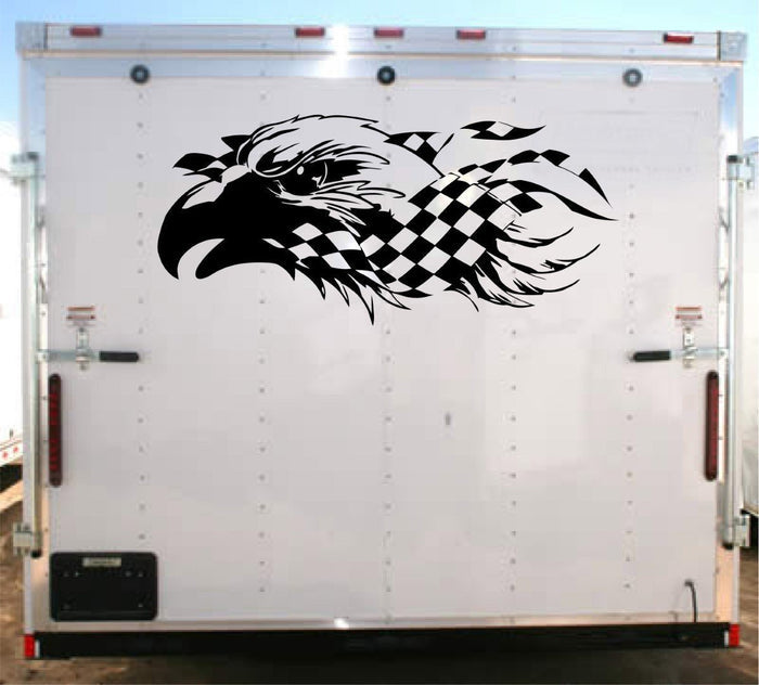 Eagle Checkered Flag Vinyl Decal with Custom Text for Trailers - YT503