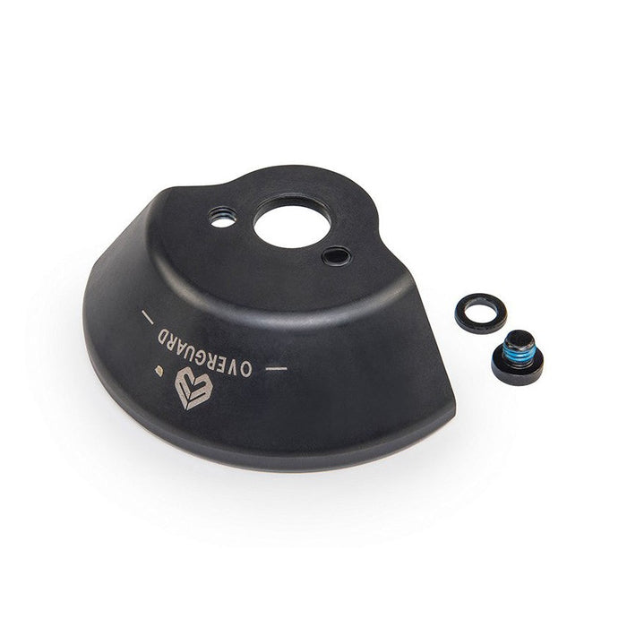 The Eclat Overguard Steel Universal 14mm Hub Guard, CNC machined from durable chromoly, is shown on a white background with two smaller components beside it for complete protection.