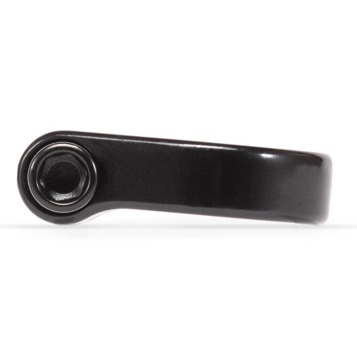 The Eclat Pure Seat Clamp, made from 6061-T6 alloy, boasts a sleek black design with a side-visible sturdy screw for enhanced durability and lightweight performance.
