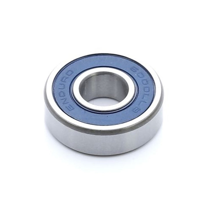A metal ball bearing, the Enduro A3 LLB Sealed Bearing (each), featuring a blue seal and constructed from premium 52100 high carbon chromium steel for durability, is shown on a white background.