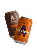 Athletic Brewing Oktoberfest Fest Brew and Dark & Gourdy Pumpkin & Spice non-alcoholic brew cans angled together on a transparent background.