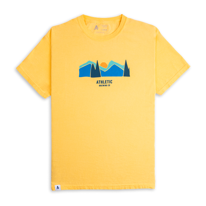 A yellow Athletic brewing co flagship landscape t-shirt