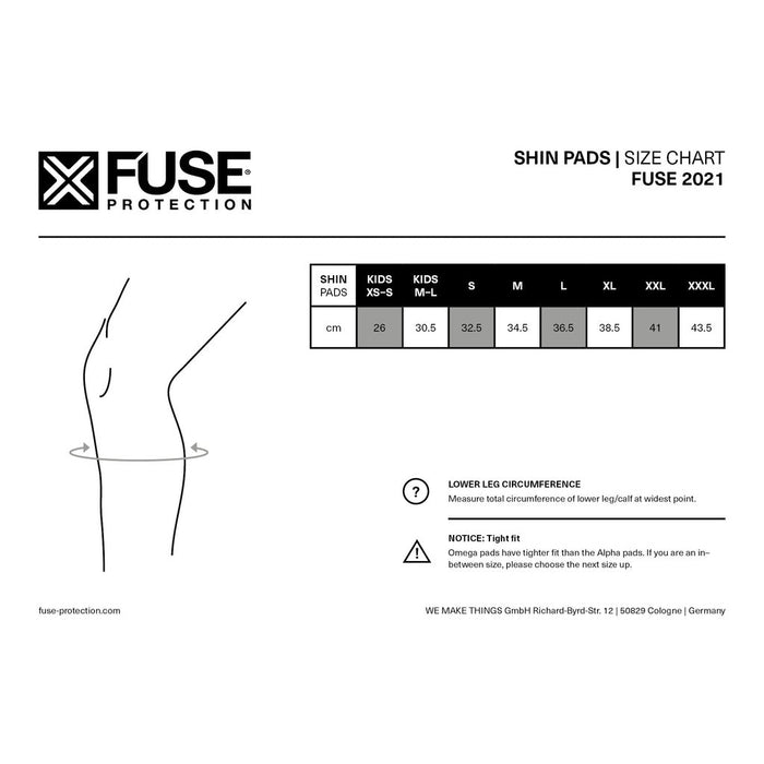 The 2021 Fuse Alpha Shin Whip Pads (Pair) size chart lists leg circumference in centimeters by size, shown with a clear leg illustration—perfect for riders wanting protection from pedal bite or whips.