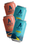 Four cans of Athletic Brewing Co. non-alcoholic brews on a transparent background