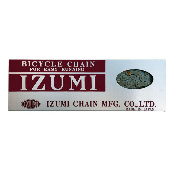A rectangular white and maroon box labeled “Izumi 1/2 x 1/8 Inch Chain” with a small window displaying the metal track chain inside. The text notes it is made in Japan by Izumi Chain MFG. Co., Ltd.