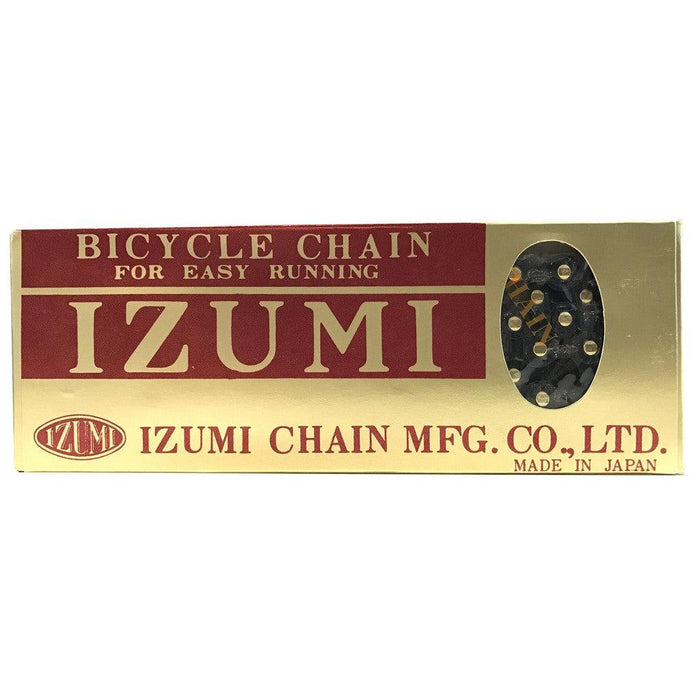Rectangular gold and red box labeled “IZUMI” containing a high-quality Izumi 1/2 x 1/8 Inch Chain, with text indicating it is made in Japan by Izumi Chain MFG. Co., Ltd.—perfect as a robust track chain or reliable BMX chain.