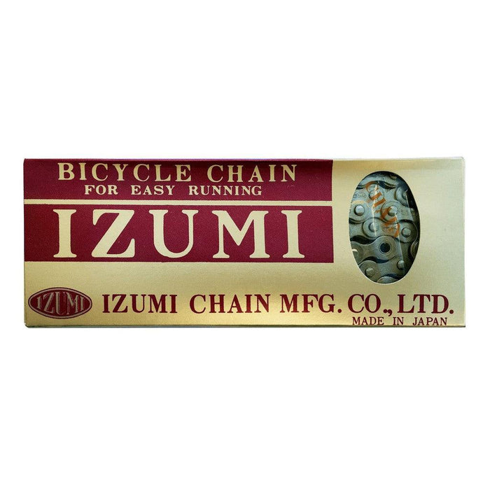 The Izumi 1/2 x 1/8 Inch Chain comes in packaging featuring a small window that reveals the chain inside, labeled “Bicycle Chain for Easy Running” and “Made in Japan” by Izumi Chain MFG. Co., Ltd. Renowned for its high quality, the Izumi 1/2 x 1/8 Inch Chain is trusted worldwide as a top choice among BMX and track riders.