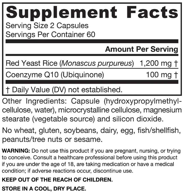 Jarrow Formulas Red Yeast Rice + Co-Q10 Ingredients