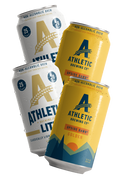 four cans of Athletic Brewing Co. non-alcoholic brews on a white background