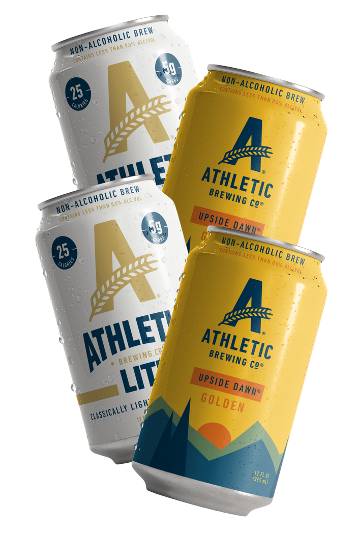 four cans of Athletic Brewing Co. non-alcoholic brews on a white background