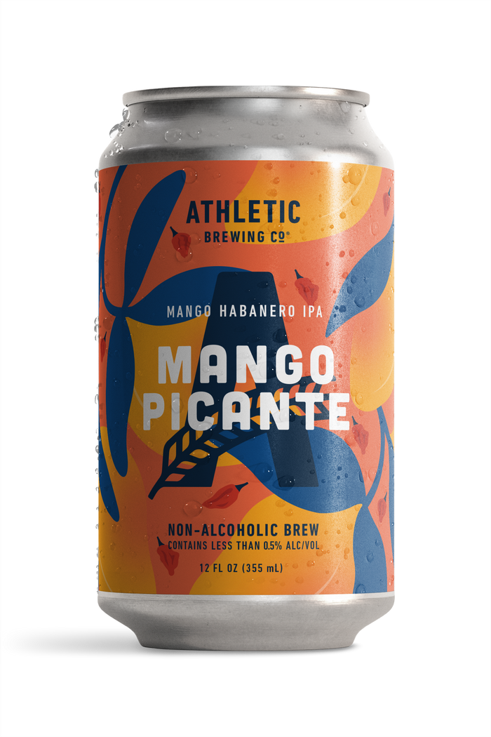 12 fl oz can of Athletic Brewing Mango Picante, a mango habanero IPA-style non-alcoholic brew. The can features a vibrant orange, yellow, and blue tropical-inspired design with illustrations of mango leaves and red habanero peppers surrounding a large Athletic “A” logo. The label reads “Mango Picante,” “Mango Habanero IPA,” and “Contains Less Than 0.5% Alc/Vol.” Condensation droplets cover the can, shown against a black background.