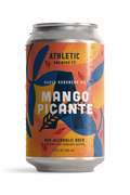 12 fl oz can of Athletic Brewing Mango Picante, a mango habanero IPA-style non-alcoholic brew. The can features a vibrant orange, yellow, and blue tropical-inspired design with illustrations of mango leaves and red habanero peppers surrounding a large Athletic “A” logo. The label reads “Mango Picante,” “Mango Habanero IPA,” and “Contains Less Than 0.5% Alc/Vol.” Condensation droplets cover the can, shown against a black background.