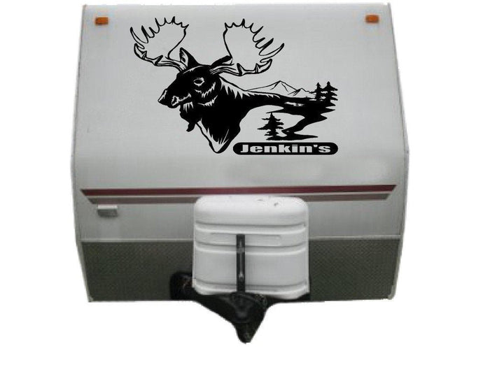 Moose Lake Mountain Scene RV Camper Vinyl Decal Sticker Sticker Chef