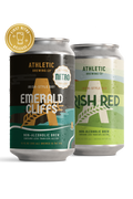 Athletic Brewing Nitro Emerald Cliffs and Irish Red cans.