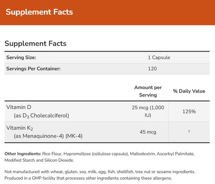 NOW Vitamin D-3 & K-2 45 mcg Ingredients