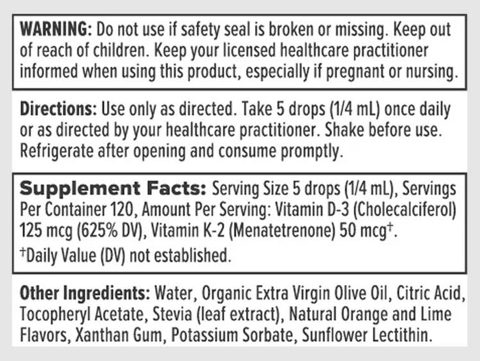 Nutra BioGenesis Vitamin D3/K2 Emulsion Ingredients