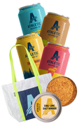 Athletic Brewing Co. products including cans, one tote bag, and one salt rimmer