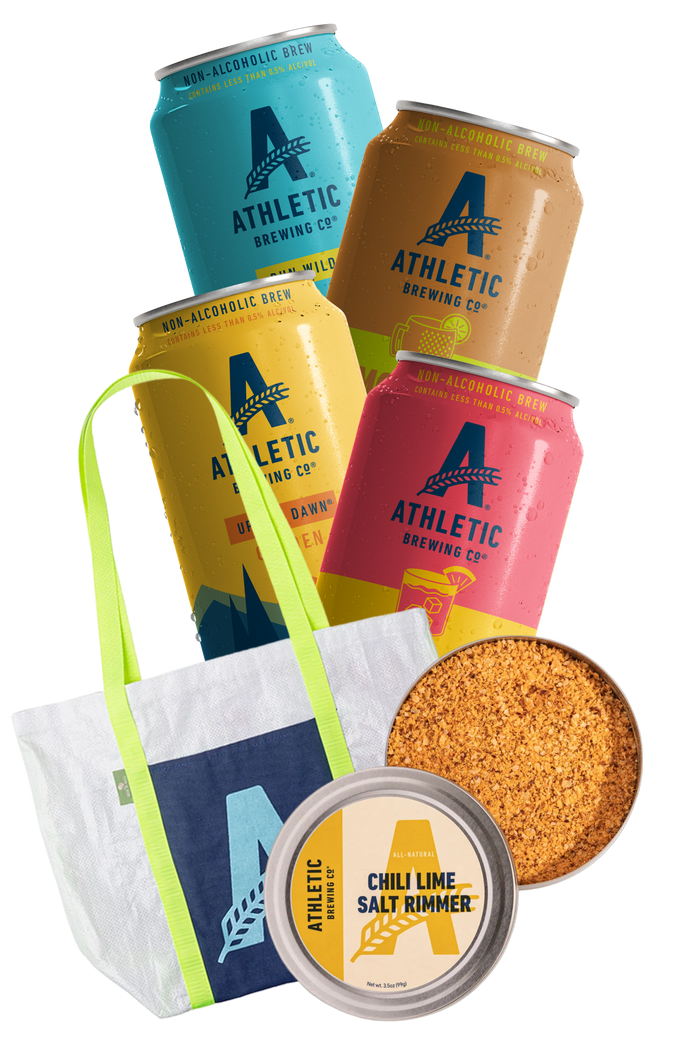 Athletic Brewing Co. products including cans, one tote bag, and one salt rimmer