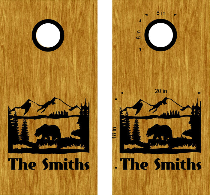 Personalized Bear Scenic Mountains Cornhole Decals with Family Name Stickers