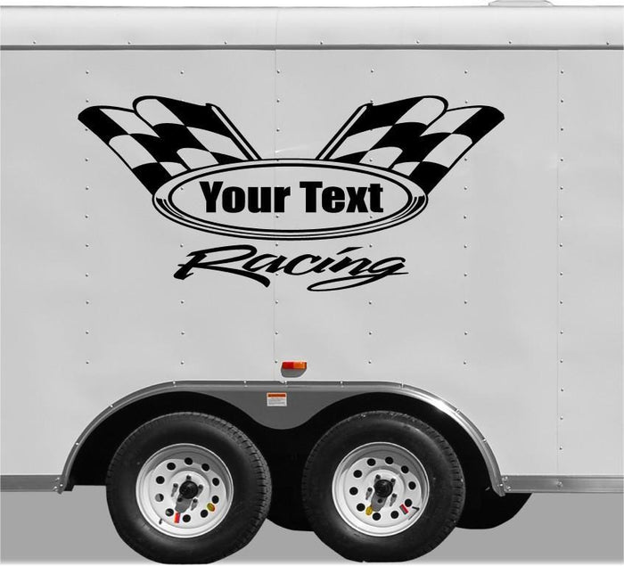 Personalized Checkered Flag Racing Team Vinyl Trailer Decal - Custom Text Available Sticker Chef