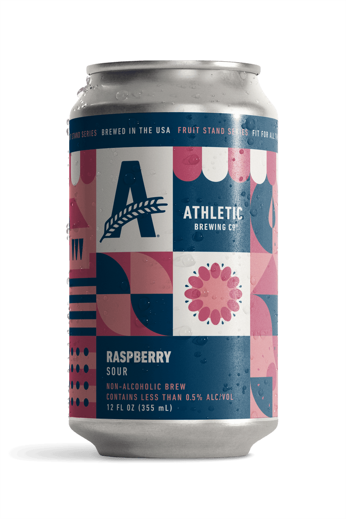 Athletic Brewing Co. raspberry sour can with geometric pattern on a black background