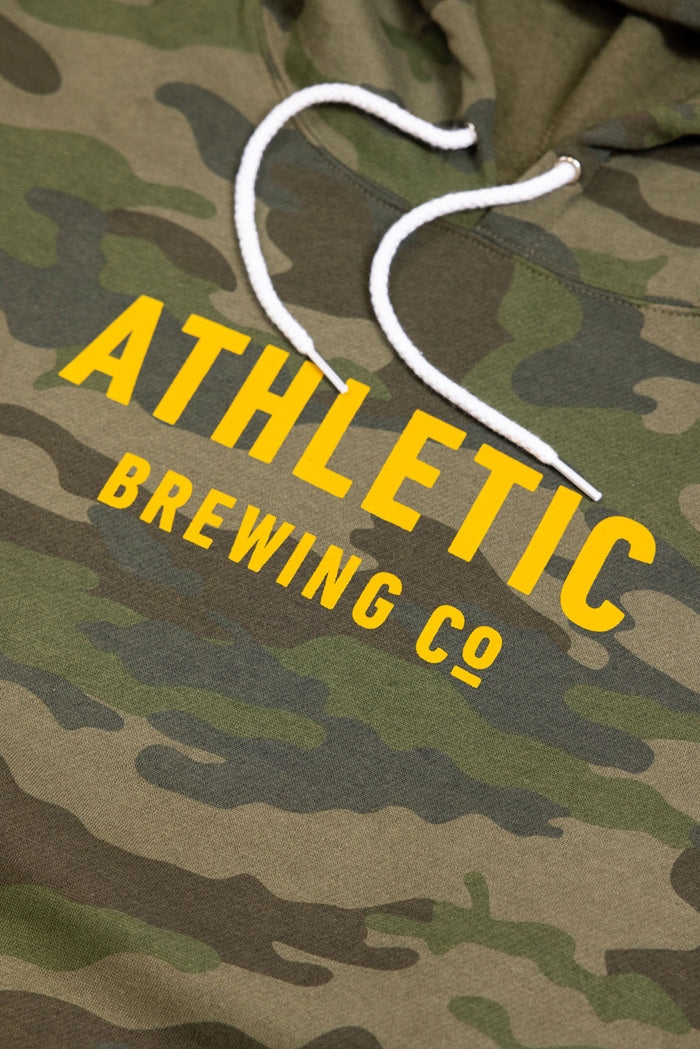 camo ready front hoodie athletic brewing co close up shot