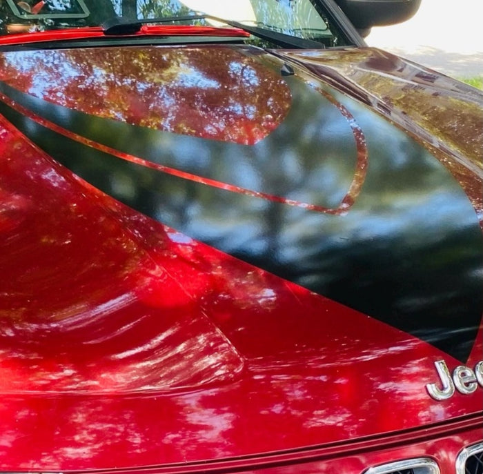 Tribal flame hood decal on lifted truck off road