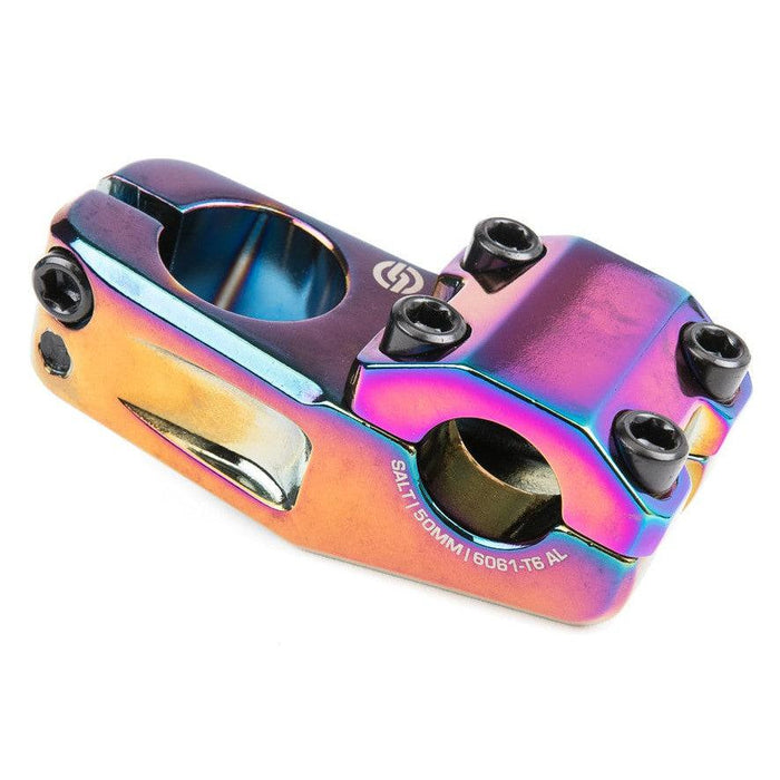 Salt Am V2 Top Load Stem (22.2mm Clamp), an iridescent BMX bike component crafted from 6061-T6 aluminum, features four black bolts and is shown on a white background—an affordable choice for riders looking for both durability and style.