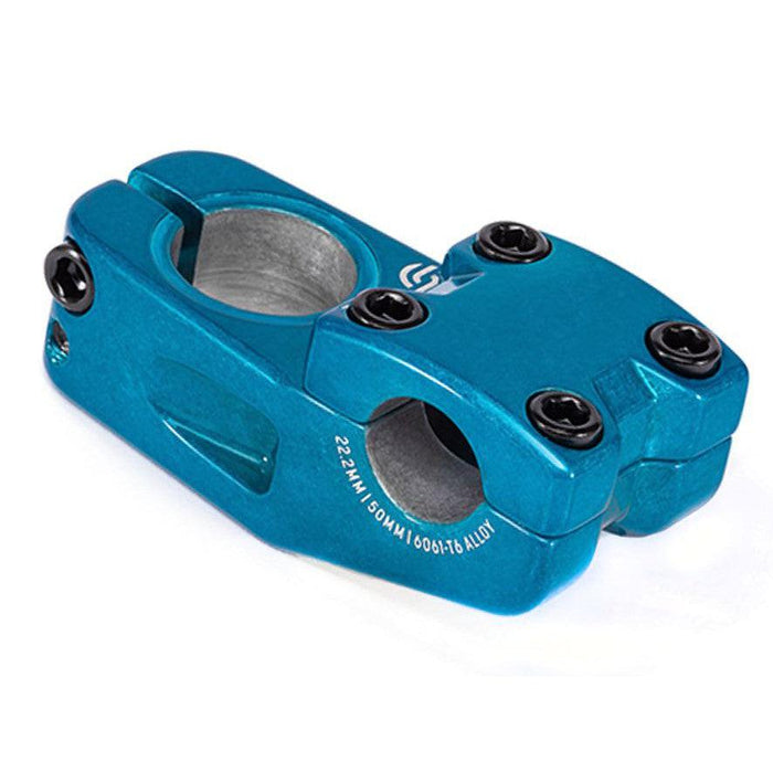 Salt Am V2 Top Load Stem (22.2mm Clamp) in blue, crafted from durable 6061-T6 alloy, features four black top bolts and two side bolts. This top load stem is designed to securely clamp both handlebars and the fork steerer tube, with shark tooth clamping for enhanced grip.