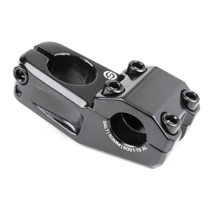 Salt Am V2 Top Load Stem (22.2mm Clamp) BMX bike stem with four-bolt faceplate and clamp holes, shown on a white background—an affordable option for riders seeking reliable performance.