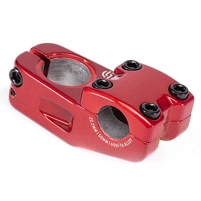 Salt Am V2 Top Load Stem (22.2mm Clamp), finished in red anodized 6061-T6 alloy, features four black bolts, precisely machined edges, engraved dimensional markings, and shark tooth clamping for a secure fit.