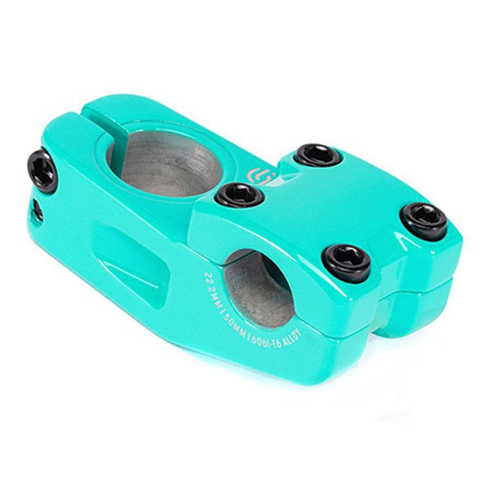 The Salt Am V2 Top Load Stem (22.2mm Clamp) is a teal BMX stem made from durable 6061-T6 alloy, featuring four black top bolts and two side bolts, with shark tooth clamping to securely connect your handlebars to the bike’s fork.